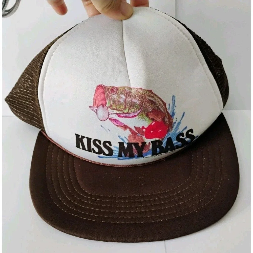 Vintage 80s Kiss My Bass Trucker Hat Funny Fishing Mesh Snapback Novelty Brown
